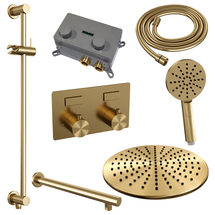 Brauer Gold Edition thermostatische inbouw regendouche met drukknoppen SET 68 met 30 cm douchekop en rechte muurarm en 3-standen handdouche en doucheslang en geïntegreerde glijstang Geborsteld Goud PVD -  5-GG-179