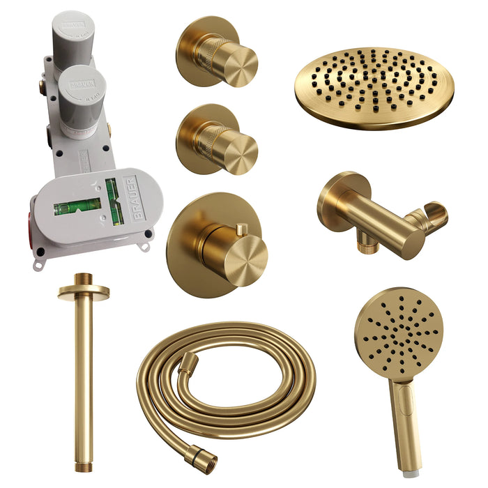 Brauer Gold Edition thermostatische inbouw doucheset - Geborsteld Goud PVD - hoofddouche 20cm - plafondsteun - ronde handdouche - 5-GG-029