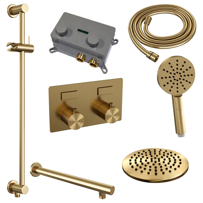 Brauer Gold Carving thermostatische inbouw regendouche met drukknoppen SET 68 met 30 cm douchekop en rechte muurarm en 3-standen handdouche en doucheslang en geïntegreerde glijstang Geborsteld Goud  PVD -  5-GG-203