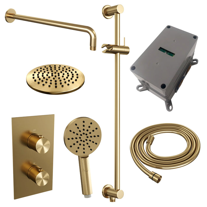 Brauer Gold Edition inbouwset met 3-weg thermostaat - hoofddouche 20cm - gebogen wandarm 40cm - ronde 3-standen handdouche - glijstang met aansluitbocht - Geborsteld Goud PVD -  5-GG-068