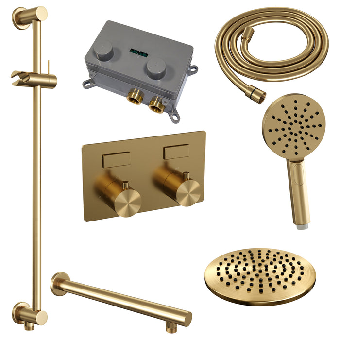 Brauer Gold Edition thermostatische inbouw regendouche met drukknoppen SET 67 met 20 cm douchekop en rechte muurarm en 3-standen handdouche en doucheslang en geïntegreerde glijstang Geborsteld Goud PVD -  5-GG-178