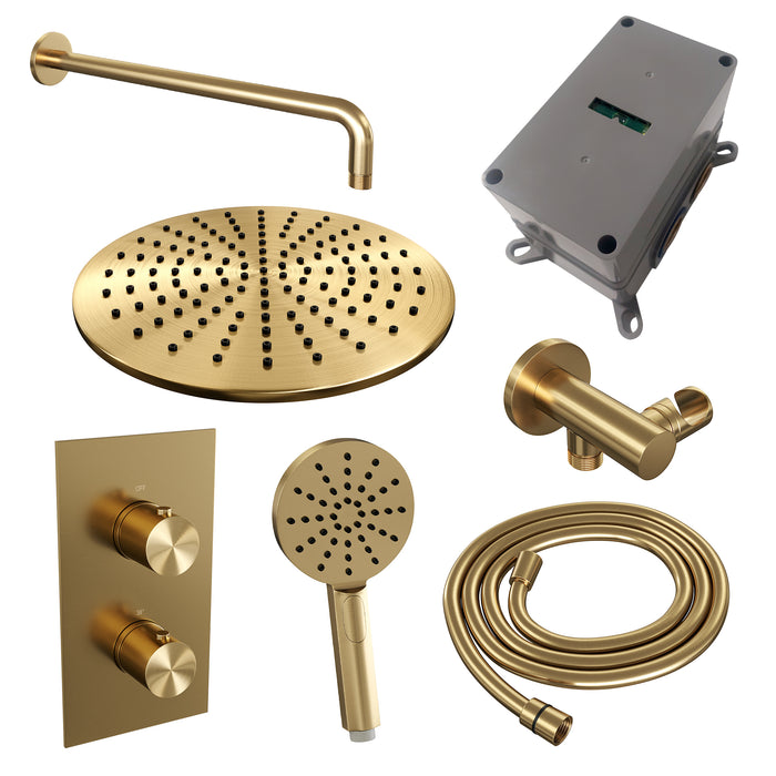 Brauer Gold Edition inbouwset met 3-weg thermostaat - hoofddouche 30cm - gebogen wandarm 40cm - ronde 3-standen handdouche - wandaansluiting - Geborsteld Goud PVD -  5-GG-057