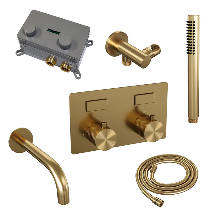 Brauer Gold Carving thermostatische inbouw badkraan met drukknoppen SET 03 met uitloop en staaf handdouche en doucheslang en wandaansluitbocht Geborsteld Goud PVD - 5-GG-214