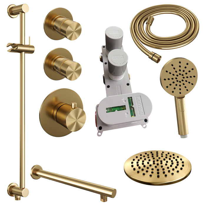 Brauer Gold Edition thermostatische inbouw doucheset - Geborsteld Goud PVD - hoofddouche 20cm - wandarm - ronde handdouche - Glijstang -  5-GG-036