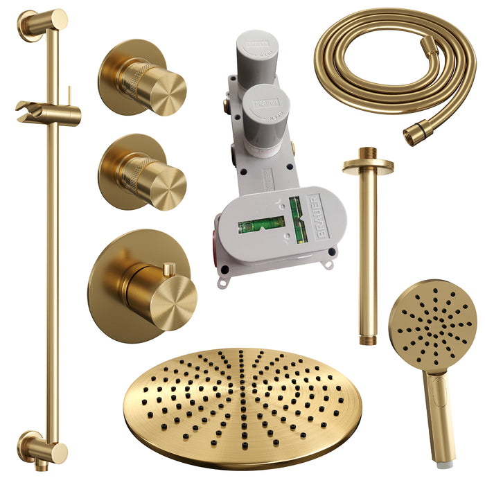 Brauer Gold Edition thermostatische inbouw doucheset - Geborsteld Goud PVD - hoofddouche 30cm - plafondsteun - ronde handdouche - Glijstang - 5-GG-039