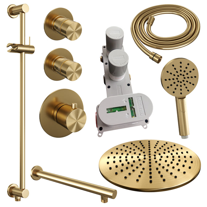 Brauer Gold Edition thermostatische inbouw doucheset - Geborsteld Goud PVD - hoofddouche 30cm - wandarm - ronde handdouche - Glijstang -  5-GG-038