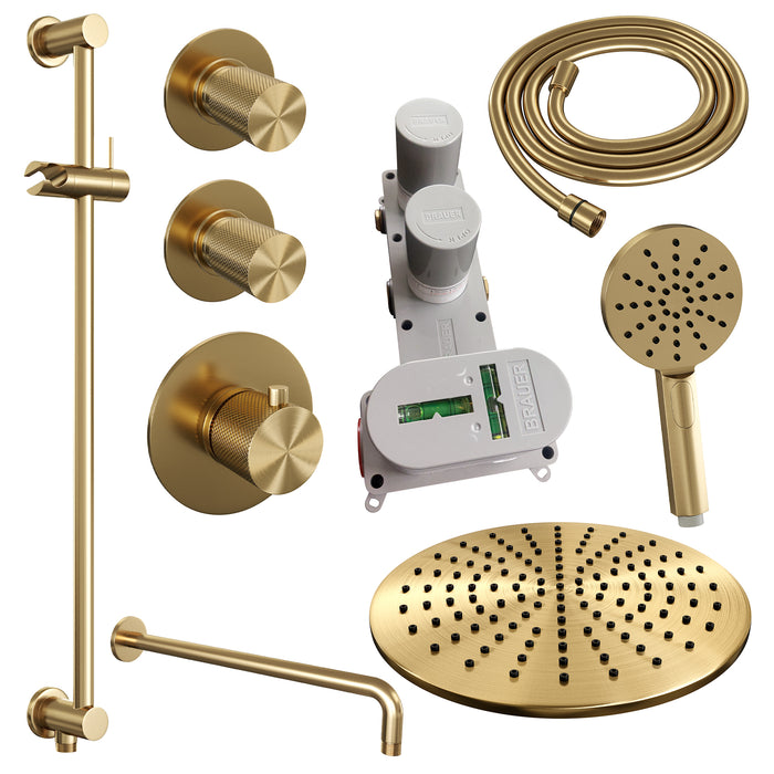 Brauer Gold Carving thermostatische inbouw doucheset - hoofddouche 30cm - gebogen wandarm - 3 standen handdouche rond - Glijstang - Geborsteld Goud PVD - 5-GG-118