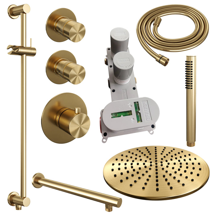 Brauer Gold Edition thermostatische inbouw doucheset - Geborsteld Goud PVD - hoofddouche 30cm - wandarm - staafhanddouche - Glijstang - 5-GG-034