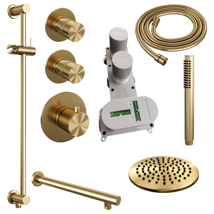 Brauer Gold Edition thermostatische inbouw doucheset - Geborsteld Goud PVD - hoofddouche 20cm - wandarm - staafhanddouche - Glijstang -  5-GG-032