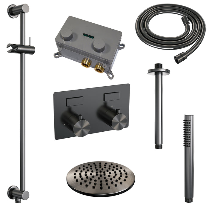 Brauer Gunmetal Carving thermostatische inbouw regendouche met drukknoppen SET 65 met 20 cm douchekop en plafondarm en staaf handdouche en doucheslang en geïntegreerde glijstang Geborsteld Gunmetal PVD -  5-GM-200