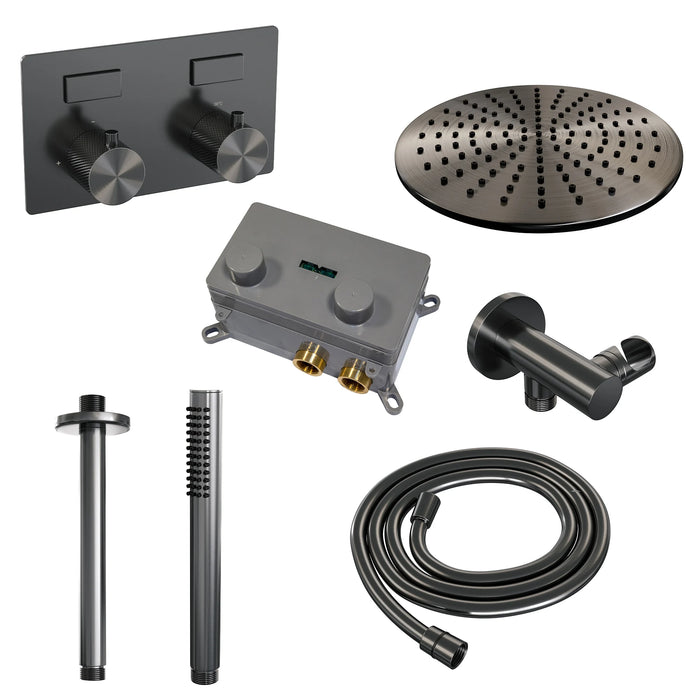 Brauer Gunmetal Carving thermostatische inbouw regendouche met drukknoppen SET 54 met 30 cm douchekop en plafondarm en staaf handdouche en doucheslang en wandaansluitbocht gunmetal geborsteld PVD -  5-GM-189