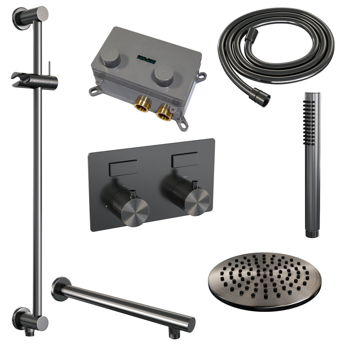 Brauer Gunmetal Carving thermostatische inbouw regendouche met drukknoppen SET 62 met 30 cm douchekop en rechte muurarm en staaf handdouche en doucheslang en geïntegreerde glijstang Geborsteld Gunmetal PVD -  5-GM-197