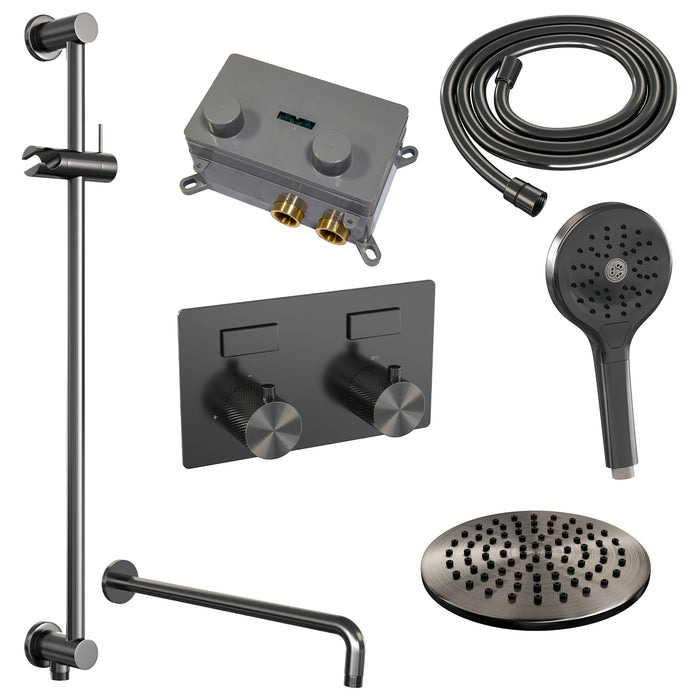 Brauer Gunmetal Carving thermostatische inbouw regendouche met drukknoppen SET 69 met 20 cm douchekop en gebogen muurarm en 3-standen handdouche en doucheslang en geïntegreerde glijstang Geborsteld Gunmetal  PVD