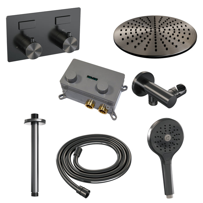 Brauer Black Edition thermostatische inbouw regendouche met drukknoppen SET 60 met 30 cm douchekop en plafondarm en 3-standen handdouche en doucheslang en wandaansluitbocht Mat Zwart -  5-S-171