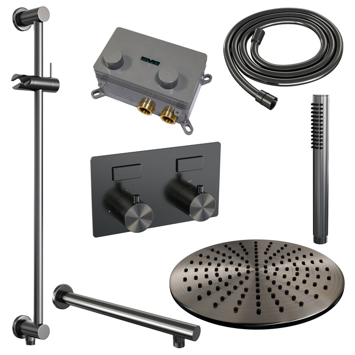 Brauer Gunmetal Edition thermostatische inbouw regendouche met drukknoppen SET 62 met 30 cm douchekop en rechte muurarm en staaf handdouche en doucheslang en geïntegreerde glijstang gunmetal geborsteld PVD -  5-GM-173