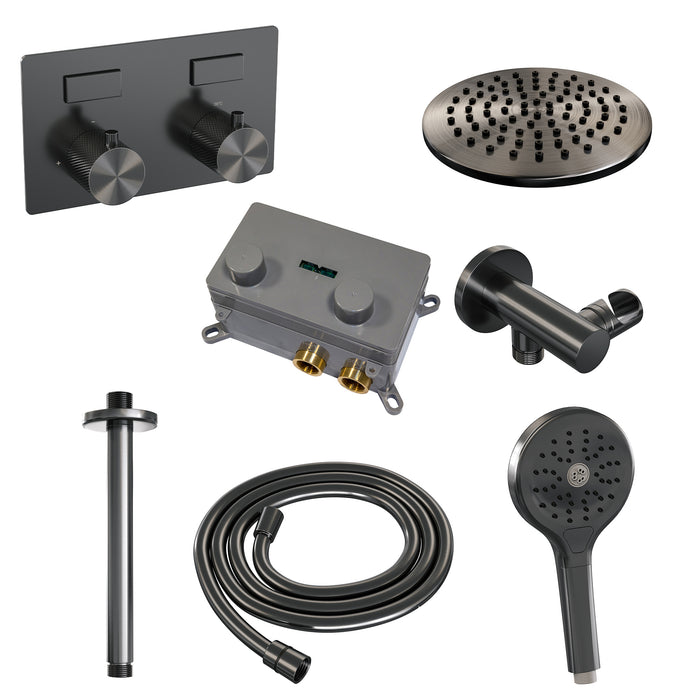 Brauer Brushed Carving thermostatische inbouw regendouche met drukknoppen SET 60 met 30 cm douchekop en plafondarm en 3-standen handdouche en doucheslang en wandaansluitbocht Geborsteld RVS PVD - 5-NG-195