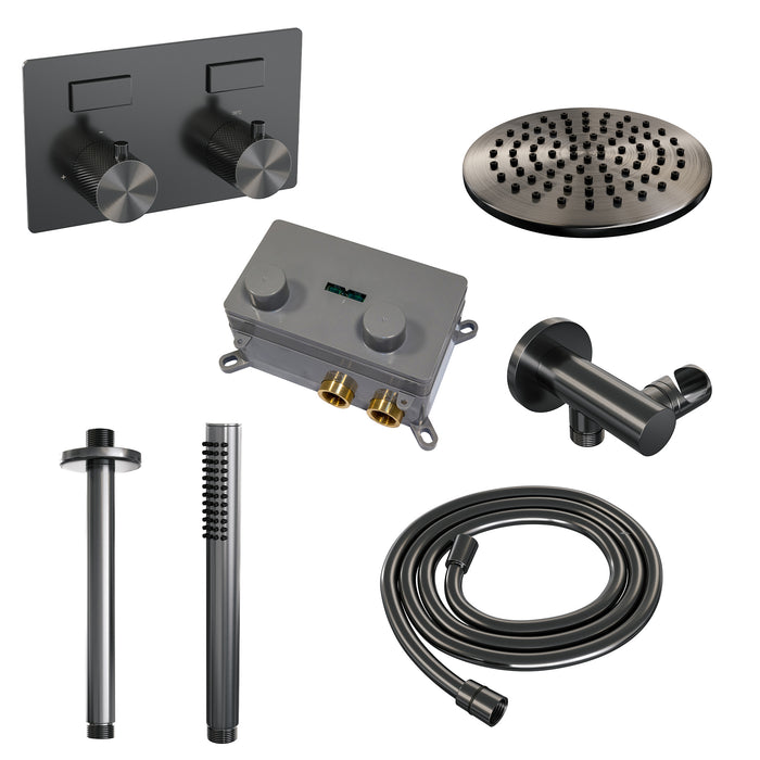 Brauer Gunmetal Carving thermostatische inbouw regendouche met drukknoppen SET 53 met 20 cm douchekop en plafondarm en staaf handdouche en doucheslang en wandaansluitbocht Geborsteld Gunmetal PVD -  5-GM-188