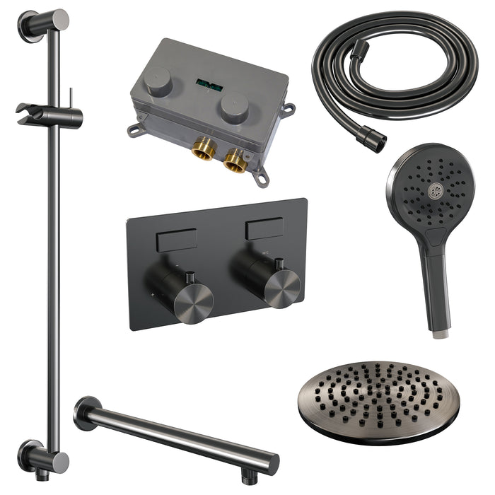 Brauer Black Edition thermostatische inbouw regendouche met drukknoppen SET 67 met 20 cm douchekop en rechte muurarm en 3-standen handdouche en doucheslang en geïntegreerde glijstang Mat Zwart -  5-S-178