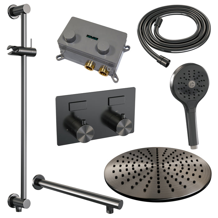 Brauer Gunmetal Edition thermostatische inbouw regendouche met drukknoppen SET 68 met 30 cm douchekop en rechte muurarm en 3-standen handdouche en doucheslang en geïntegreerde glijstang Geborsteld Gunmetal PVD -  5-GM-179