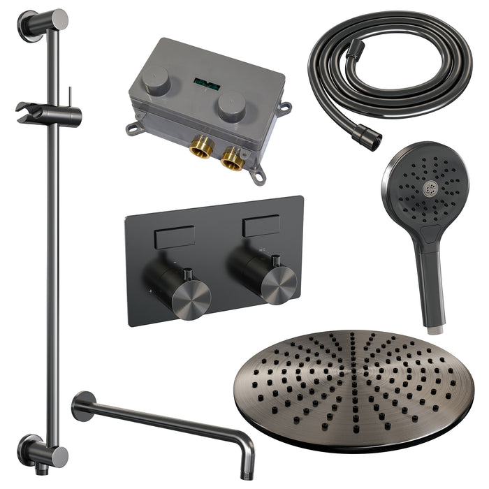 Brauer Gunmetal Edition thermostatische inbouw regendouche met drukknoppen SET 70 met 30 cm douchekop en gebogen muurarm en 3-standen handdouche en doucheslang en geïntegreerde glijstang gunmetal geborsteld PVD -  5-GM-181