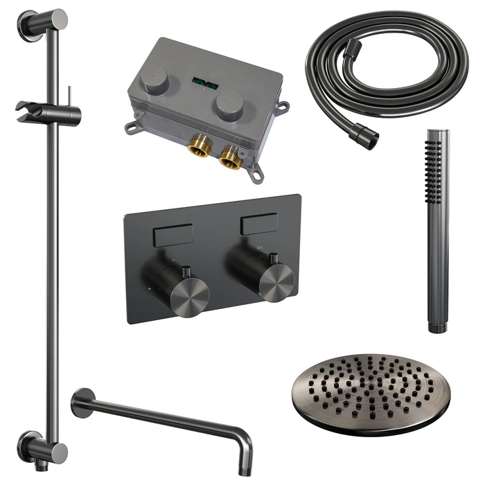 Brauer Black Edition thermostatische inbouw regendouche met drukknoppen SET 63 met 20 cm douchekop en gebogen muurarm en staaf handdouche en doucheslang en geïntegreerde glijstang Mat Zwart -  5-S-174