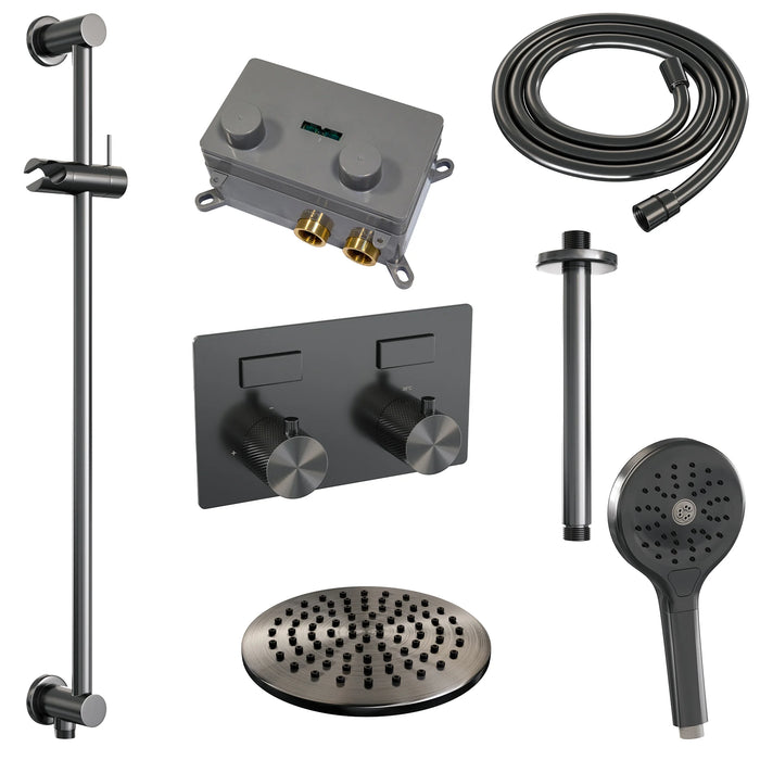 Brauer Gunmetal Carving thermostatische inbouw regendouche met drukknoppen SET 72 met 30 cm douchekop en plafondarm en 3-standen handdouche en doucheslang en geïntegreerde glijstang gunmetal geborsteld PVD - 5-GM-207