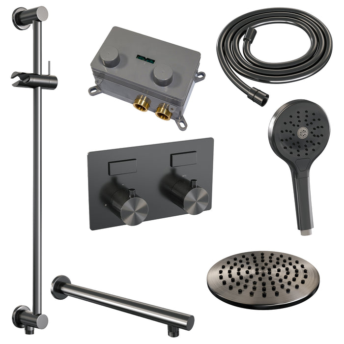 Brauer Gunmetal Carving thermostatische inbouw regendouche met drukknoppen SET 67 met 20 cm douchekop en rechte muurarm en 3-standen handdouche en doucheslang en geïntegreerde glijstang Geborsteld Gunmetal  PVD - 5-GM-202