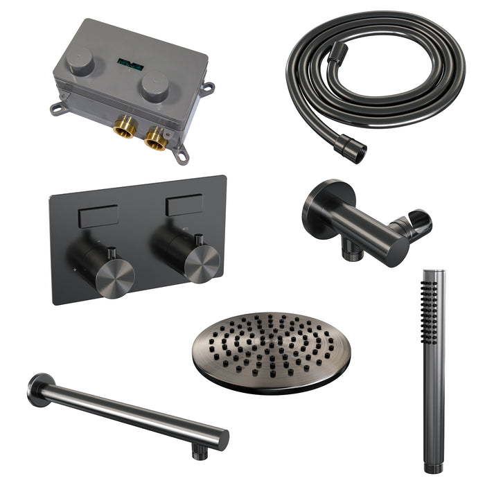 Brauer Gunmetal Edition thermostatische inbouw regendouche met drukknoppen SET 49 met 20 cm douchekop en rechte muurarm en staaf handdouche en doucheslang en wandaansluitbocht Geborsteld Gunmetal PVD -  5-GM-160