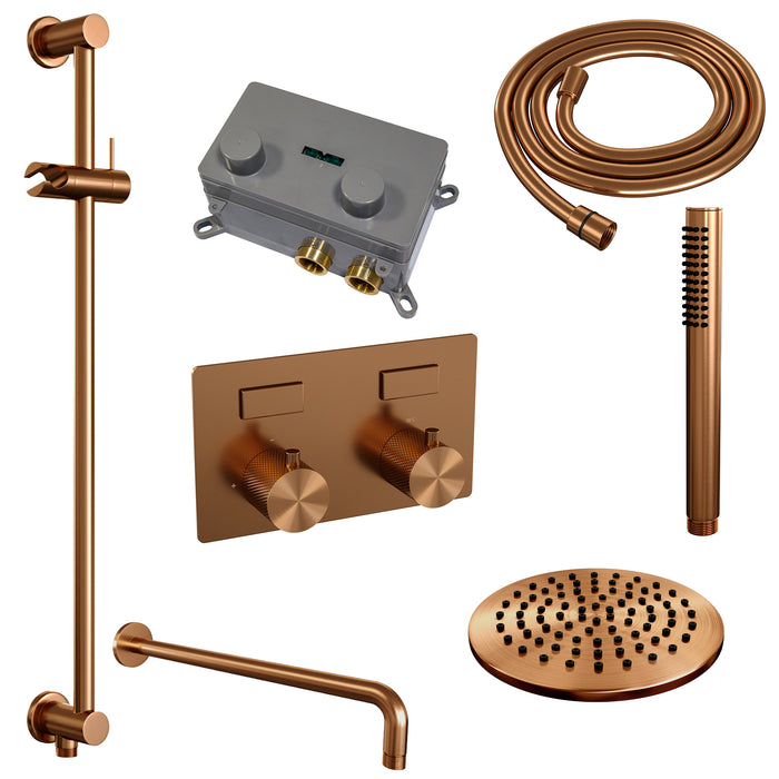 Brauer Gold Carving thermostatische inbouw regendouche met drukknoppen SET 64 met 30 cm douchekop en gebogen muurarm en staaf handdouche en doucheslang en geïntegreerde glijstang Geborsteld Goud PVD -  5-GG-199