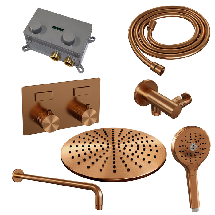 Brauer Copper Carving thermostatische inbouw regendouche met drukknoppen SET 58 met 30 cm douchekop en gebogen muurarm en 3-standen handdouche en doucheslang en wandaansluitbocht Geborsteld Koper PVD - 5-GK-193