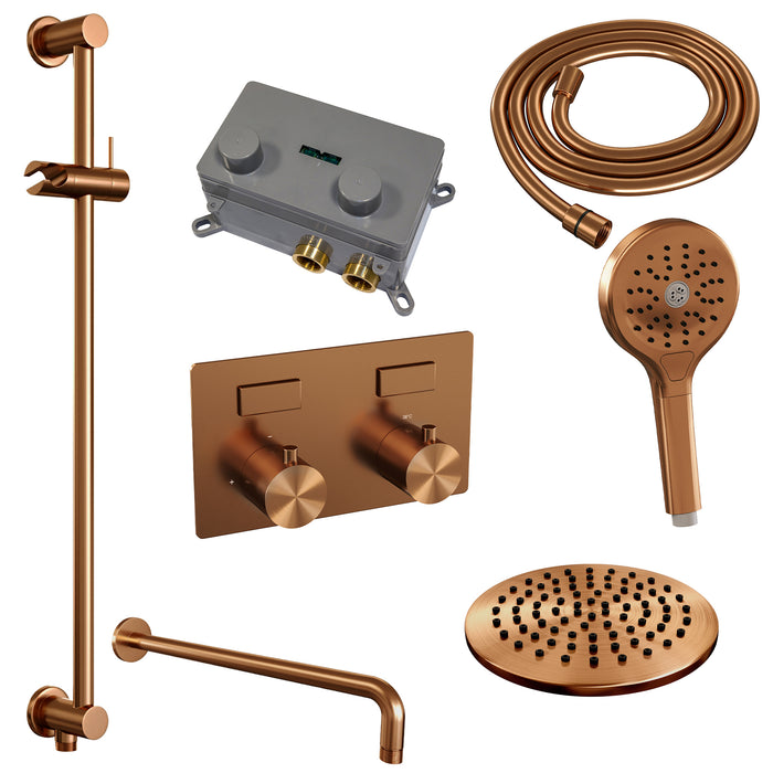 Brauer Copper Edition thermostatische inbouw regendouche met drukknoppen SET 69 met 20 cm douchekop en gebogen muurarm en 3-standen handdouche en doucheslang en geïntegreerde glijstang Geborsteld Koper  PVD -  5-GK-180