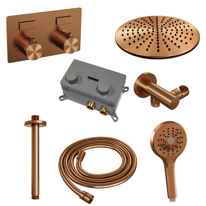 Brauer Copper Edition thermostatische inbouw regendouche met drukknoppen SET 60 met 30 cm douchekop en plafondarm en 3-standen handdouche en doucheslang en wandaansluitbocht Geborsteld Koper PVD -  5-GK-171