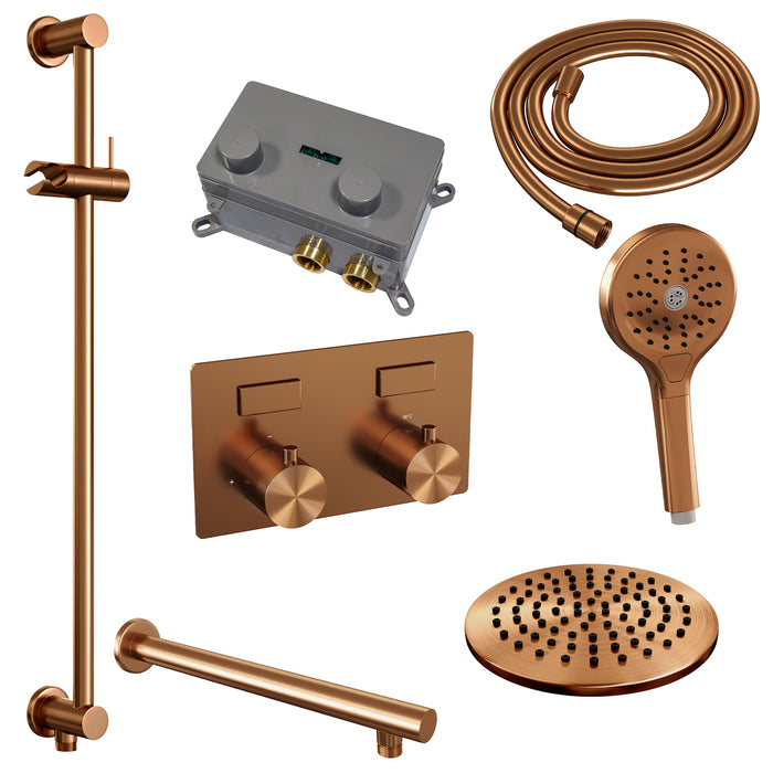 Brauer Copper Edition thermostatische inbouw regendouche met drukknoppen SET 67 met 20 cm douchekop en rechte muurarm en 3-standen handdouche en doucheslang en geïntegreerde glijstang Geborsteld Koper PVD - 5-GK-178