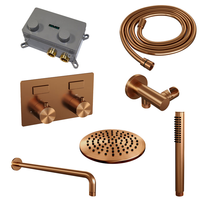 Brauer Gold Edition thermostatische inbouw regendouche met drukknoppen SET 51 met 20 cm douchekop en gebogen muurarm en staaf handdouche en doucheslang en wandaansluitbocht Geborsteld Goud PVD -  5-GG-162