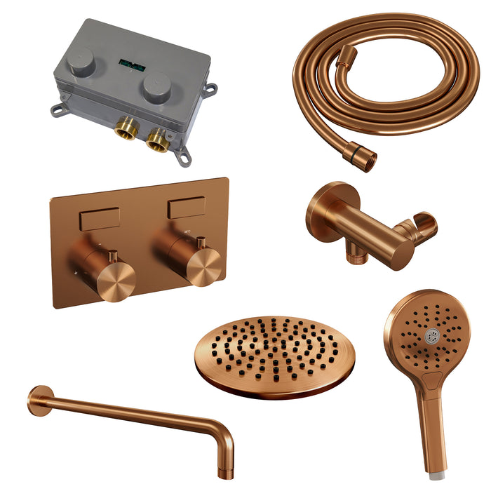 Brauer Copper Edition thermostatische inbouw regendouche met drukknoppen SET 57 met 20 cm douchekop en gebogen muurarm en 3-standen handdouche en doucheslang en wandaansluitbocht koper geborsteld PVD -  5-GK-168