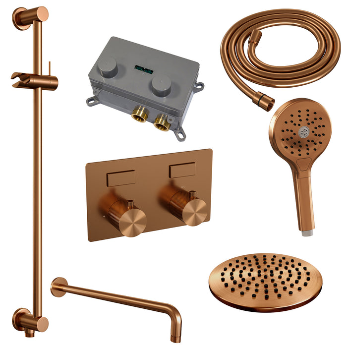 Brauer Gold Carving thermostatische inbouw regendouche met drukknoppen SET 70 met 30 cm douchekop en gebogen muurarm en 3-standen handdouche en doucheslang en geïntegreerde glijstang Geborsteld Goud PVD -  5-GG-200