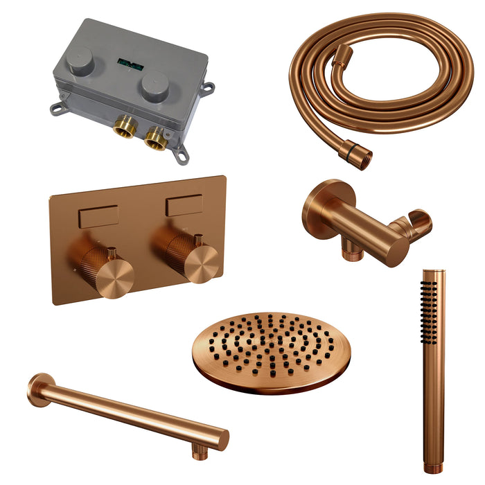 Brauer Copper Carving thermostatische inbouw regendouche met drukknoppen SET 49 met 20 cm douchekop en rechte muurarm en staaf handdouche en doucheslang en wandaansluitbocht Geborsteld Koper  PVD - 5-GK-184