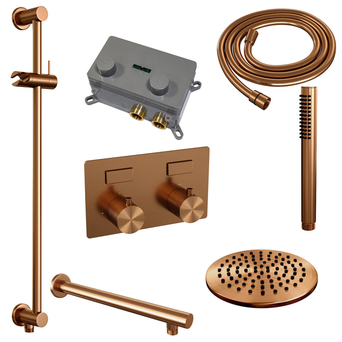 Brauer Copper Carving thermostatische inbouw regendouche met drukknoppen SET 61 met 20 cm douchekop en rechte muurarm en staaf handdouche en doucheslang en geïntegreerde glijstang Geborsteld Koper PVD -  5-GK-196