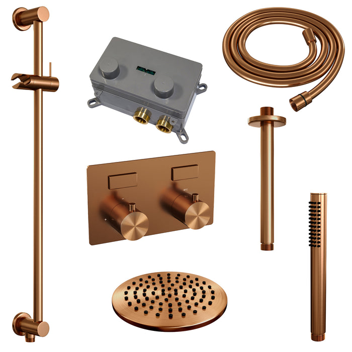 Brauer Gold Edition thermostatische inbouw regendouche met drukknoppen SET 65 met 20 cm douchekop en plafondarm en staaf handdouche en doucheslang en geïntegreerde glijstang Geborsteld Goud PVD - 5-GG-176