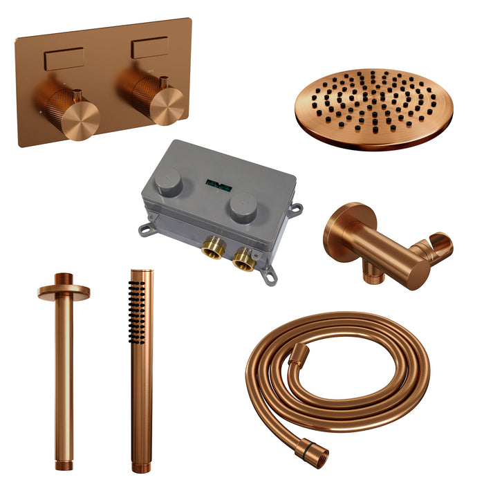 Brauer Copper Carving thermostatische inbouw regendouche met drukknoppen SET 53 met 20 cm douchekop en plafondarm en staaf handdouche en doucheslang en wandaansluitbocht Geborsteld Koper  PVD -  5-GK-188