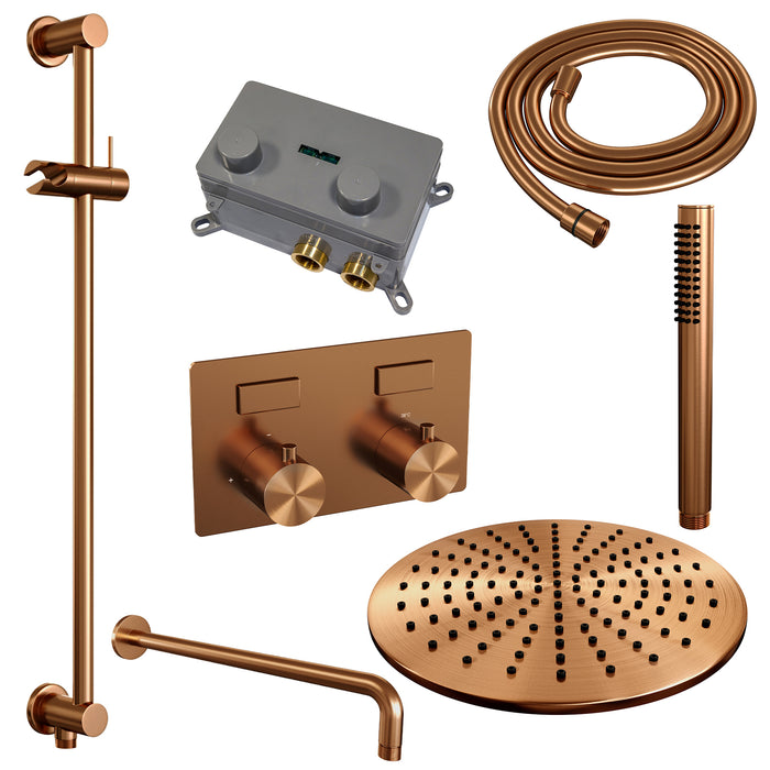 Brauer Copper Edition thermostatische inbouw regendouche met drukknoppen SET 64 met 30 cm douchekop en gebogen muurarm en staaf handdouche en doucheslang en geïntegreerde glijstang Geborsteld Koper  PVD - 5-GK-175