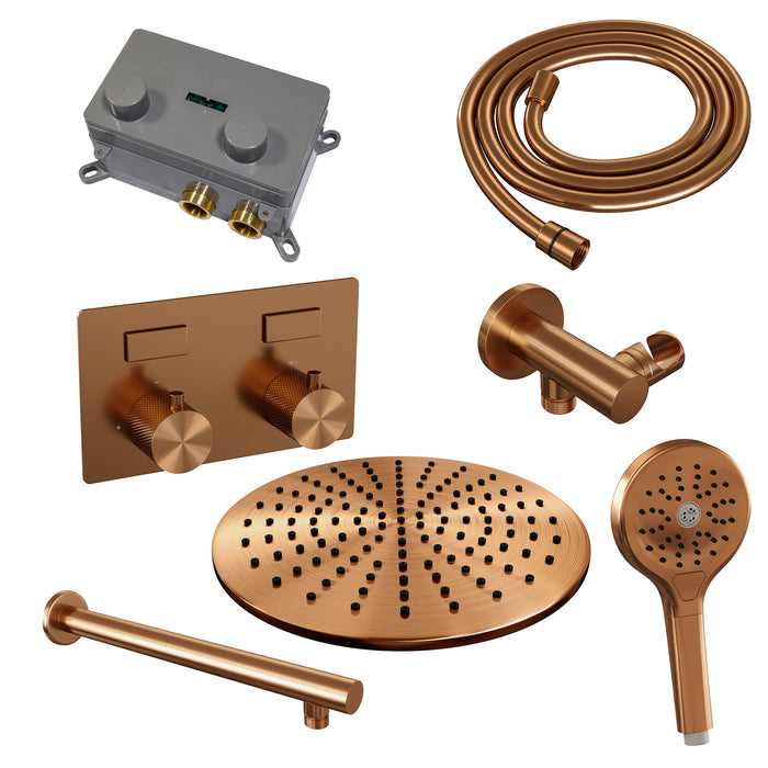 Brauer Copper Carving thermostatische inbouw regendouche met drukknoppen SET 56 met 30 cm douchekop en rechte muurarm en 3-standen handdouche en doucheslang en wandaansluitbocht Geborsteld Koper  PVD - 5-GK-191