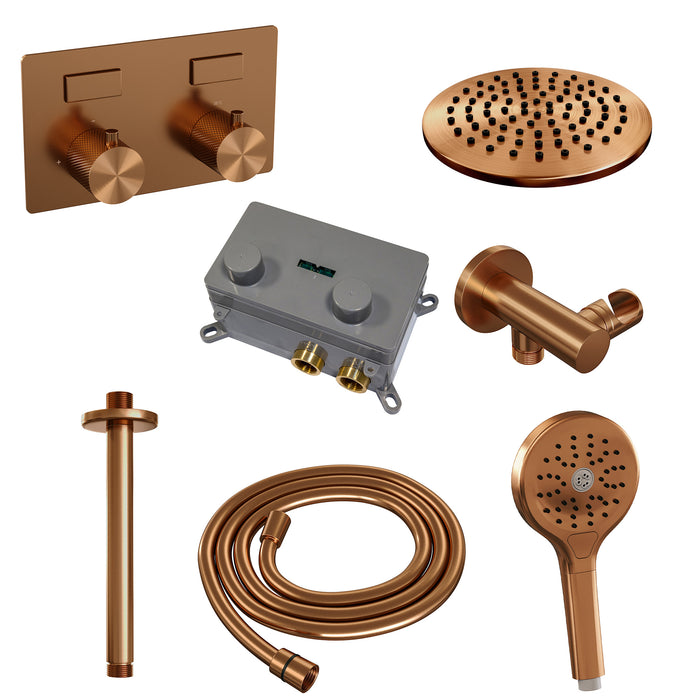 Brauer Copper Carving thermostatische inbouw regendouche met drukknoppen SET 59 met 20 cm douchekop en plafondarm en 3-standen handdouche en doucheslang en wandaansluitbocht Geborsteld Koper PVD -  5-GK-194