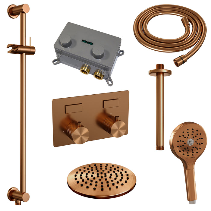 Brauer Gold Carving thermostatische inbouw regendouche met drukknoppen SET 71 met 20 cm douchekop en plafondarm en 3-standen handdouche en doucheslang en geïntegreerde glijstang Geborsteld Goud  PVD - 5-GG-206