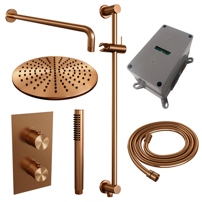 Brauer Copper Edition inbouwset met 3-weg thermostaat - hoofddouche 30cm - gebogen wandarm 40cm - staafhanddouche - wandaansluiting - Geborsteld Koper PVD -  5-GK-051