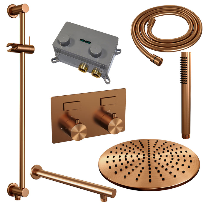 Brauer Copper Edition thermostatische inbouw regendouche met drukknoppen SET 62 met 30 cm douchekop en rechte muurarm en staaf handdouche en doucheslang en geïntegreerde glijstang  Geborsteld Koper PVD -  5-GK-173