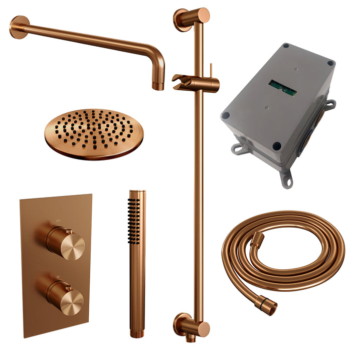 Brauer Copper Edition inbouwset met 3-weg thermostaat - hoofddouche 20cm - gebogen wandarm 40cm - staafhanddouche - glijstang met aansluitbocht - Geborsteld Koper PVD - 5-GK-062