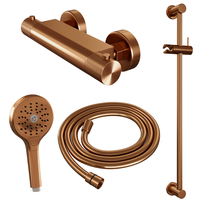 Brauer Copper Carving glijstangset met thermostaat - 3-standen handdouche - Geborsteld Koper PVD -  5-GK-086-2