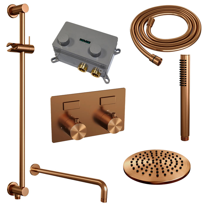 Brauer Copper Edition thermostatische inbouw regendouche met drukknoppen SET 63 met 20 cm douchekop en gebogen muurarm en staaf handdouche en doucheslang en geïntegreerde glijstang Geborsteld Koper PVD -  5-GK-174