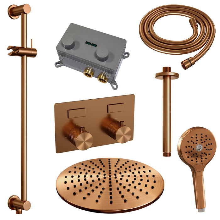 Brauer Copper Carving thermostatische inbouw regendouche met drukknoppen SET 72 met 30 cm douchekop en plafondarm en 3-standen handdouche en doucheslang en geïntegreerde glijstang koper geborsteld PVD